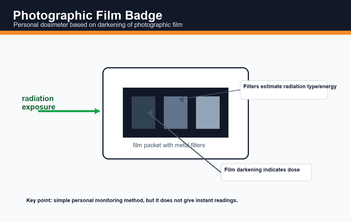 Labelled diagram of photographic film badge showing film packet, filters and film darkening due to radiation