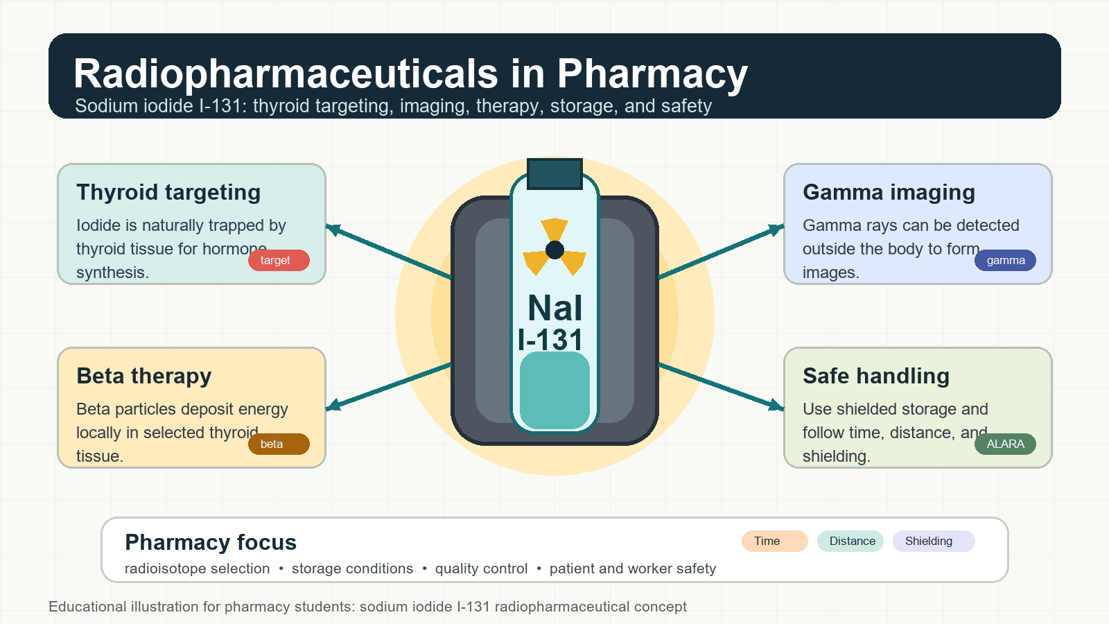 Educational infographic showing sodium iodide I-131 radiopharmaceutical targeting the thyroid, gamma imaging, beta therapy, and radiation safety principles