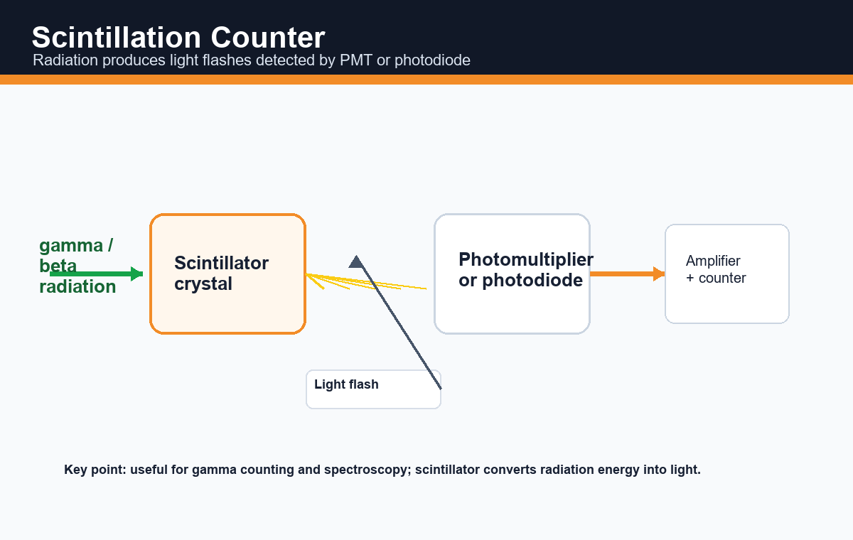 Labelled diagram of scintillation counter showing scintillator crystal, light flash, photomultiplier and counter