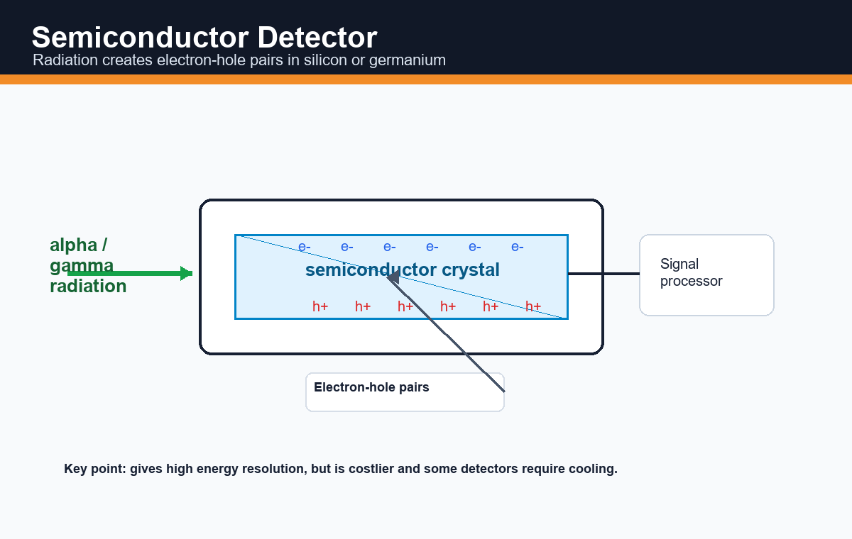 Labelled diagram of semiconductor detector showing radiation entering crystal and electron-hole pair formation
