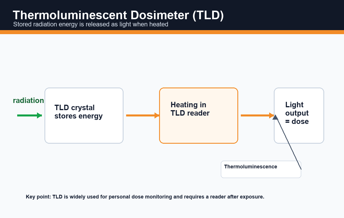 Labelled diagram of thermoluminescent dosimeter showing TLD crystal, heating reader and light output